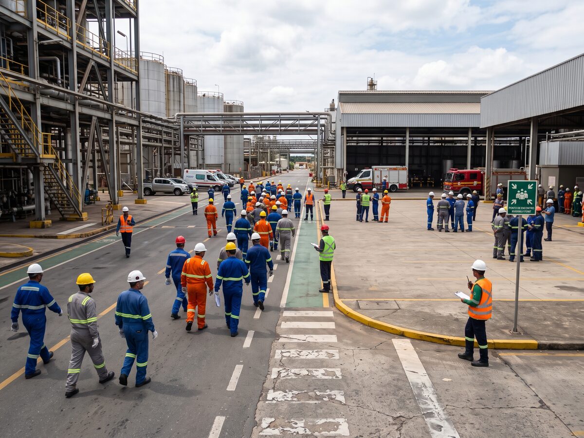 Simulado de abandono em pátio industrial com pontos de encontro sinalizados