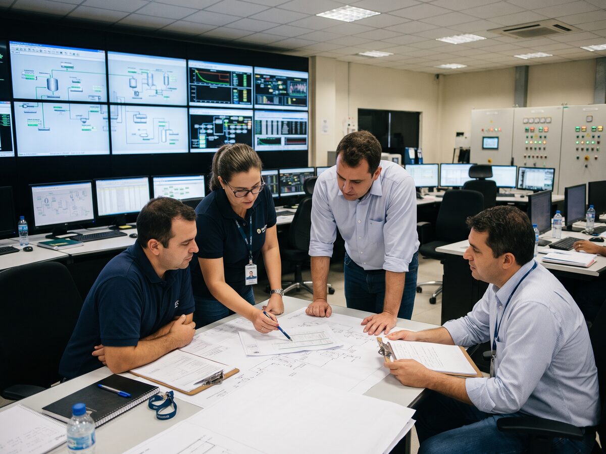 Equipe técnica em sala de controle revisa procedimentos de segurança operacional