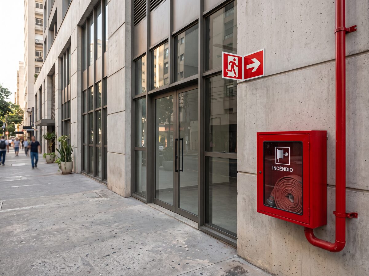 Fachada de edificação com placa de saída de emergência e hidrante
