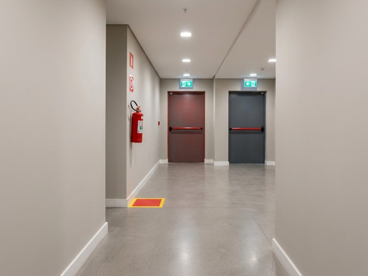 Corredor com rota de fuga iluminada e saída de emergência