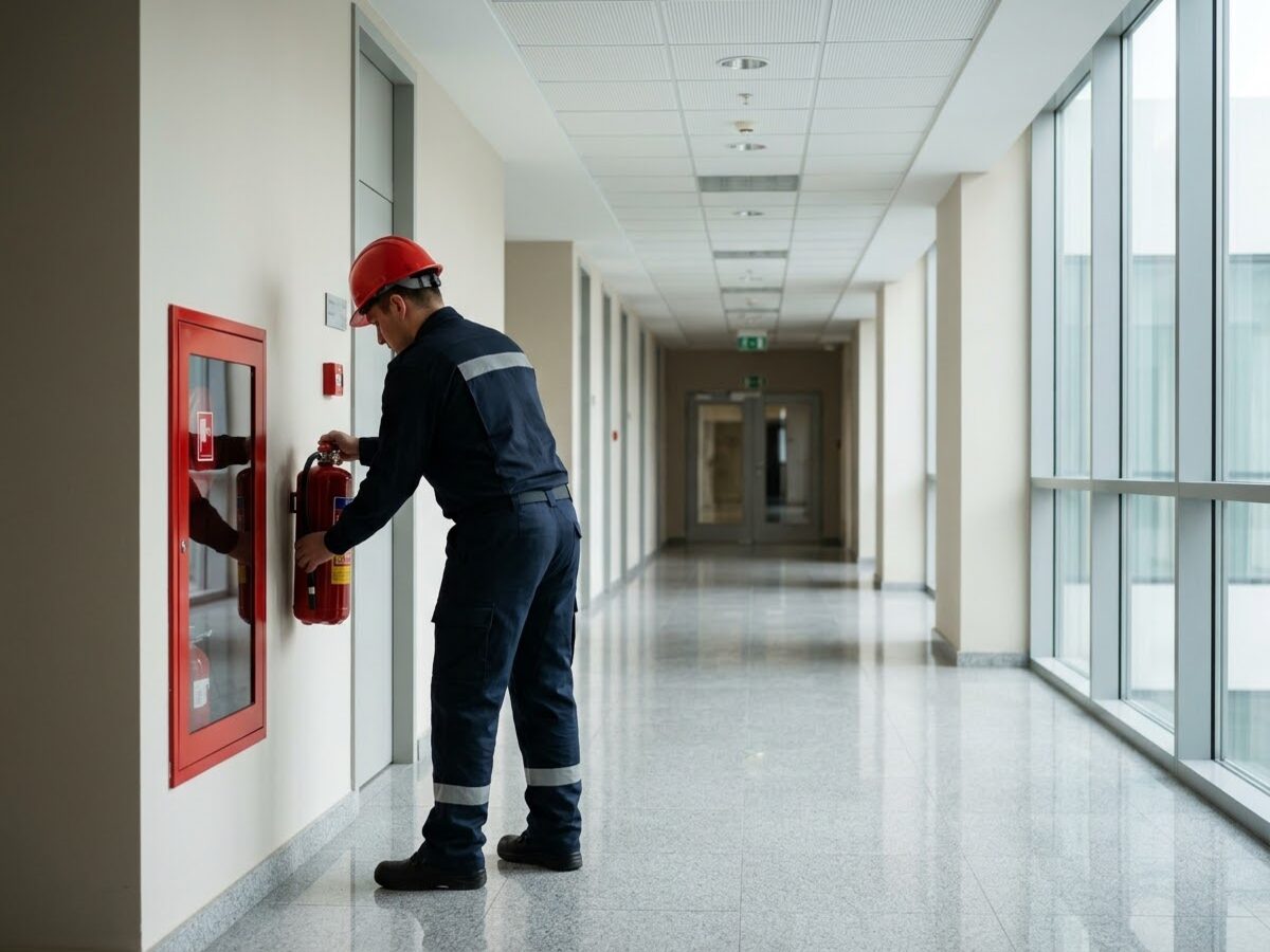 Brigadista inspeciona extintor e hidrante em corredor de edifício
