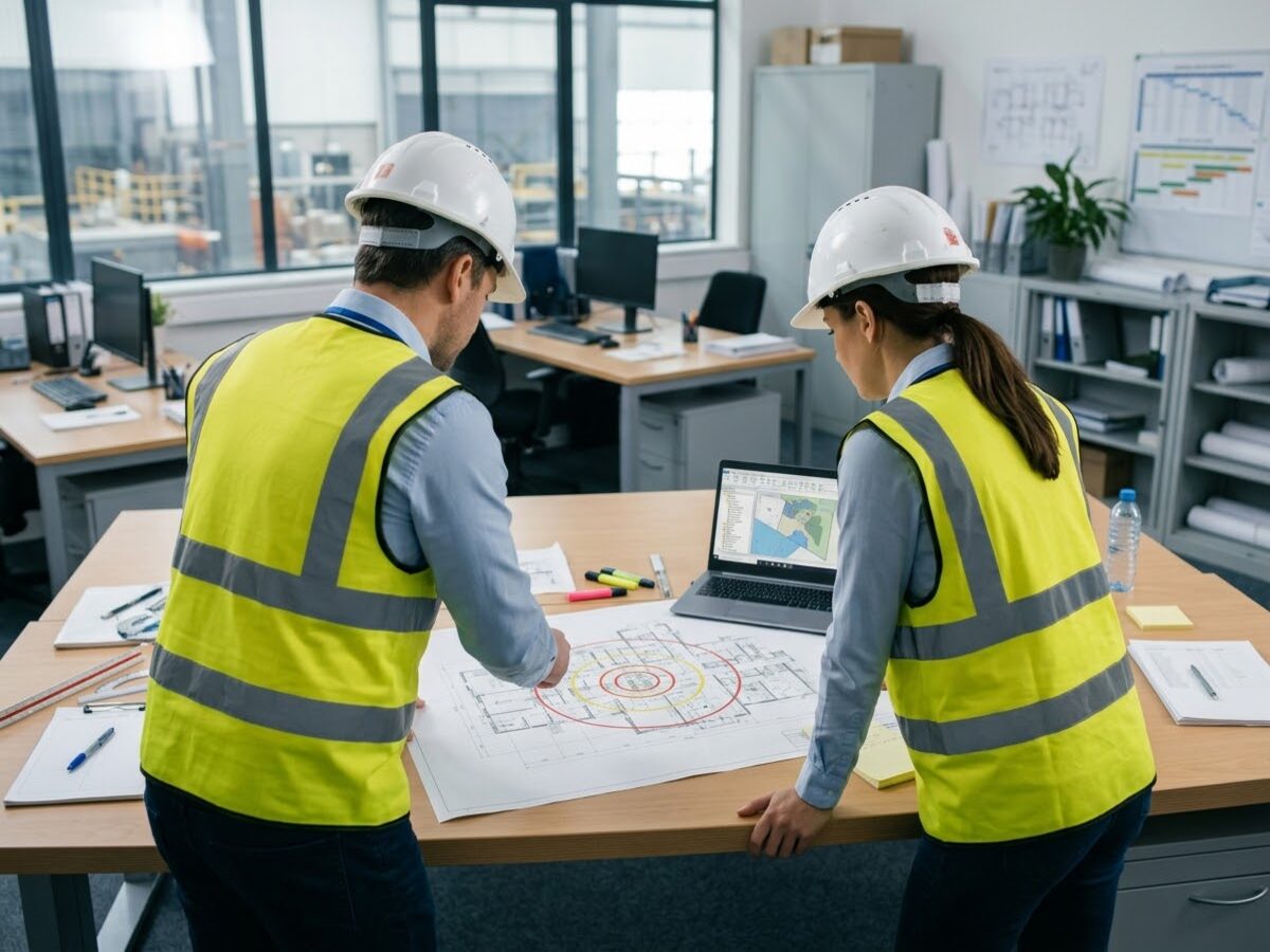 Engenheiros analisam planta industrial com áreas de risco