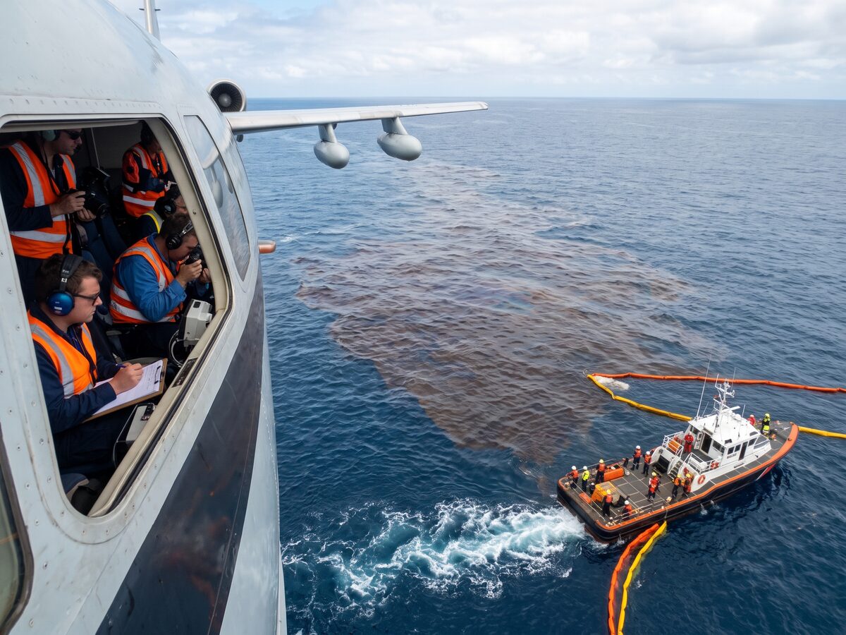 Equipe monitora mancha de óleo no mar a partir de aeronave e embarcação de apoio