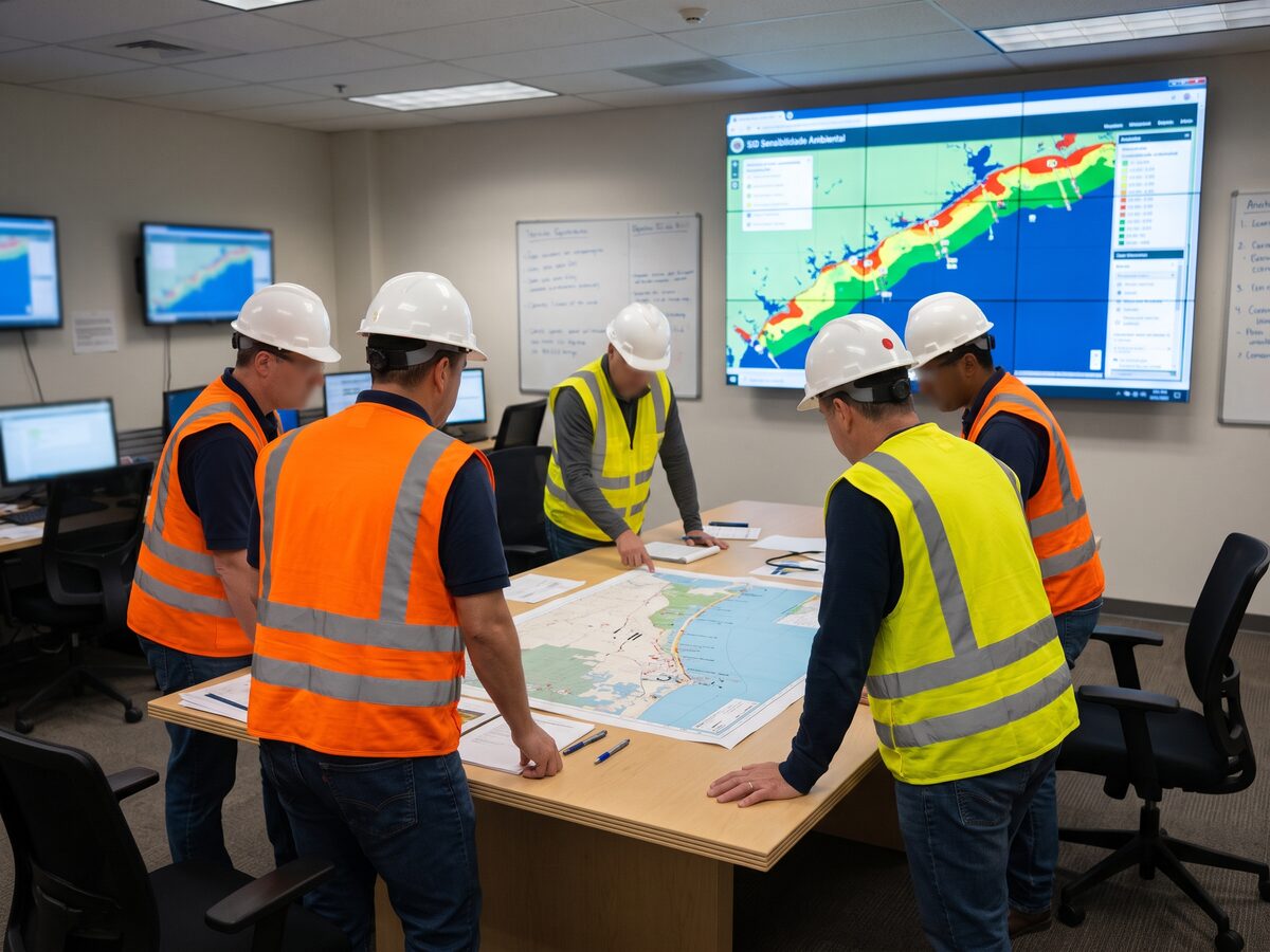 Equipe em sala de coordenação analisa mapa de sensibilidade ambiental