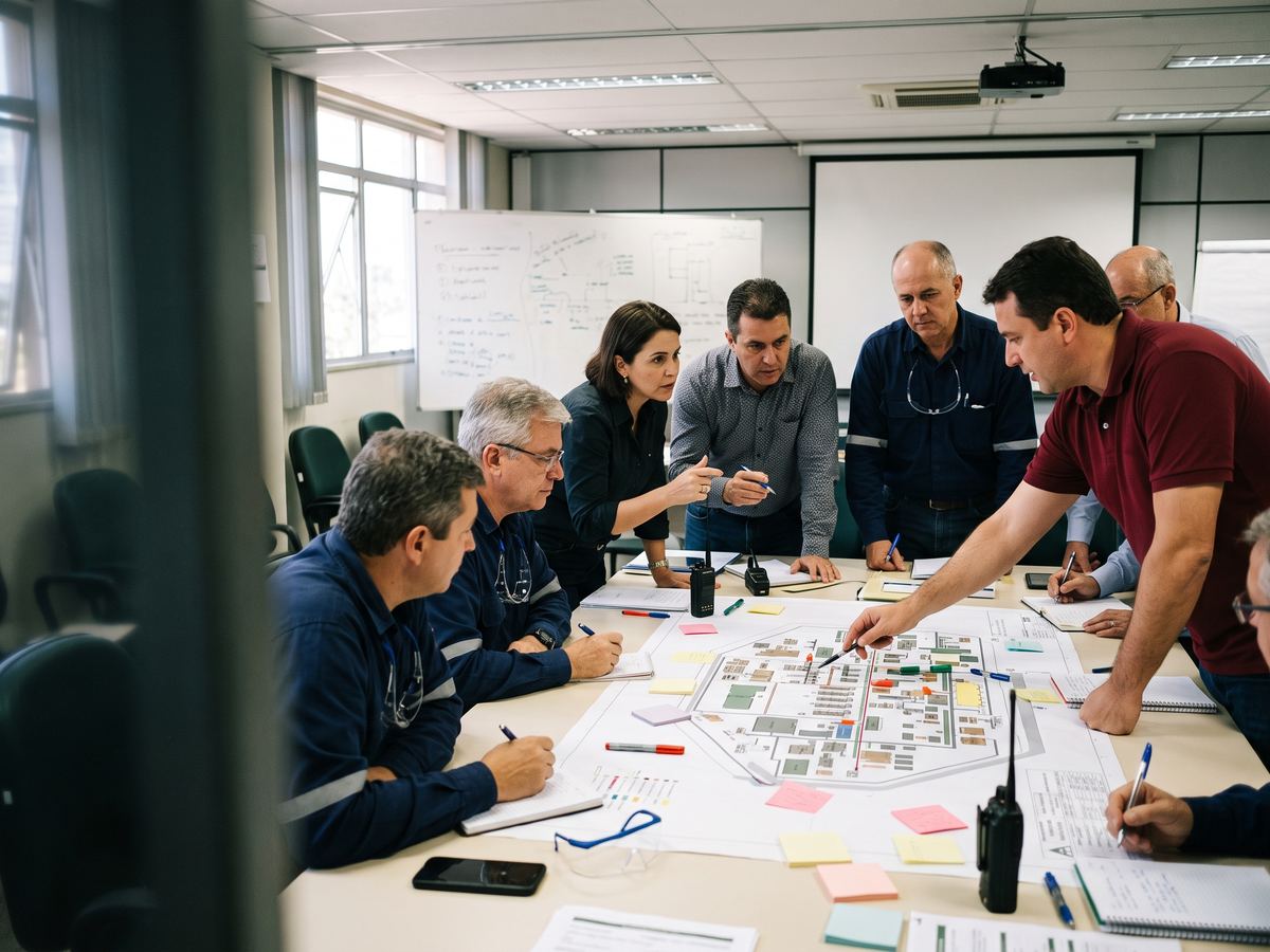 Exercício de mesa de emergência com gestores sobre a planta da unidade