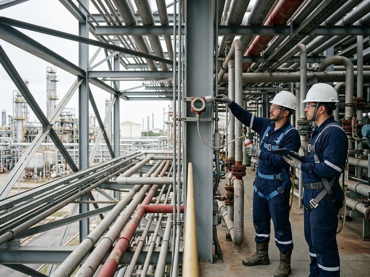 Técnico e engenheiro testam detector de gás em campo