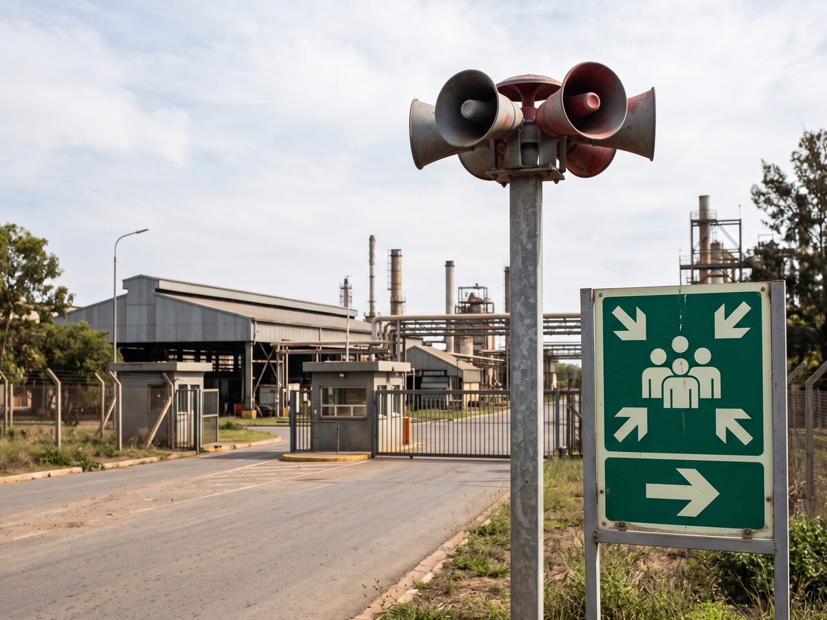 Sirene de alerta e placa de ponto de encontro na entrada de uma área industrial