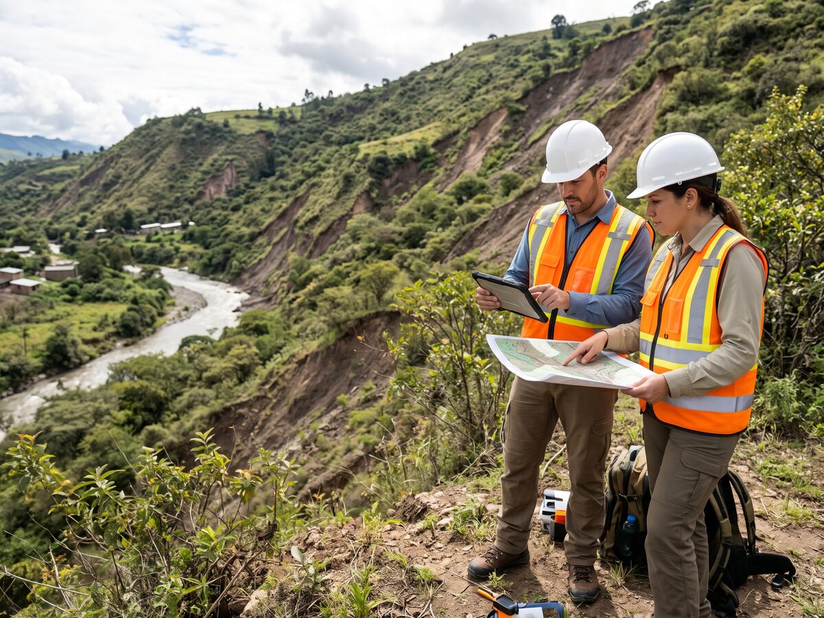 Técnicos com capacete e tablet analisam mapa de áreas de risco em encosta ao lado de um rio