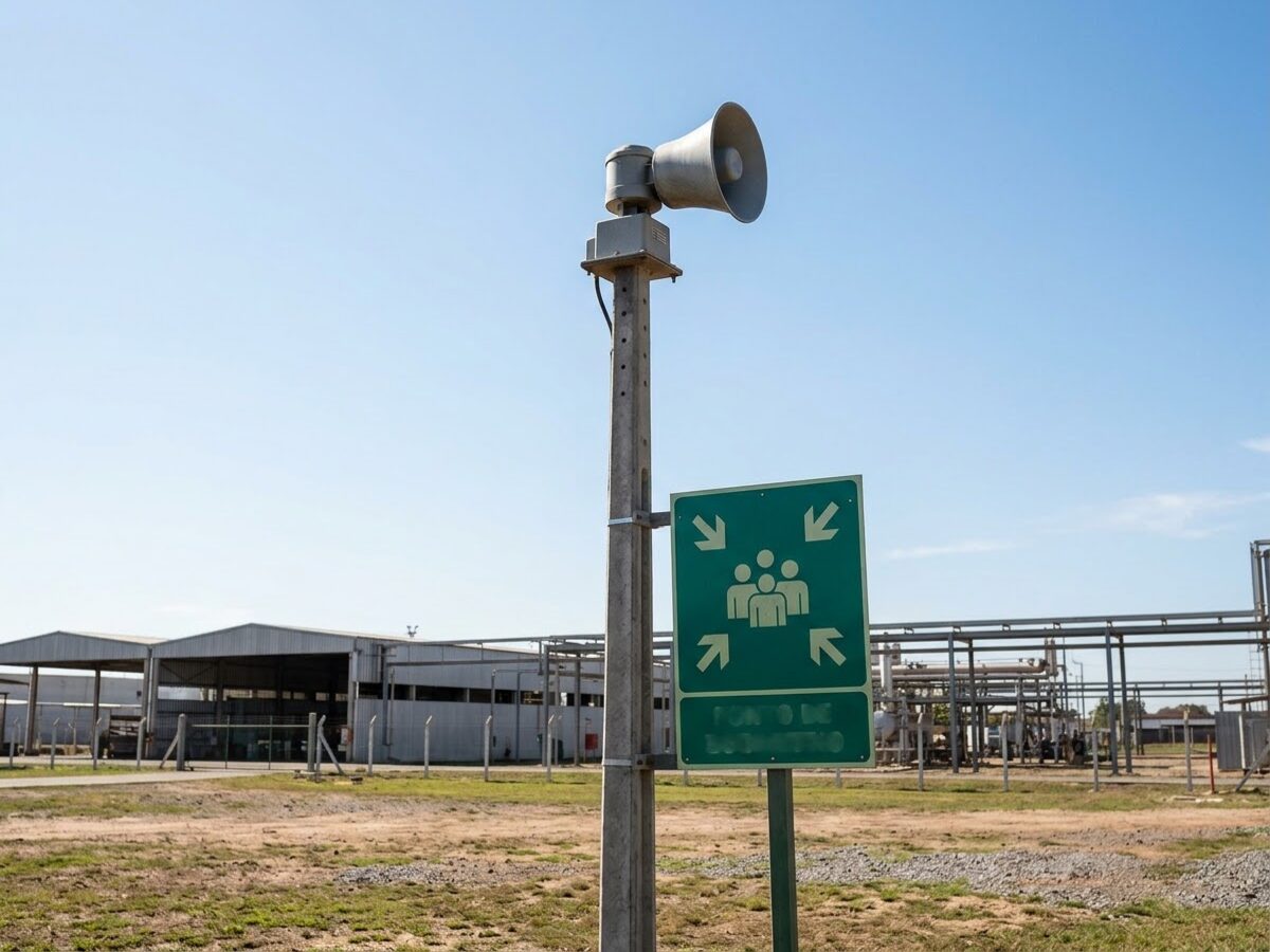 Sirene de alerta e placa de ponto de encontro junto a instalação industrial