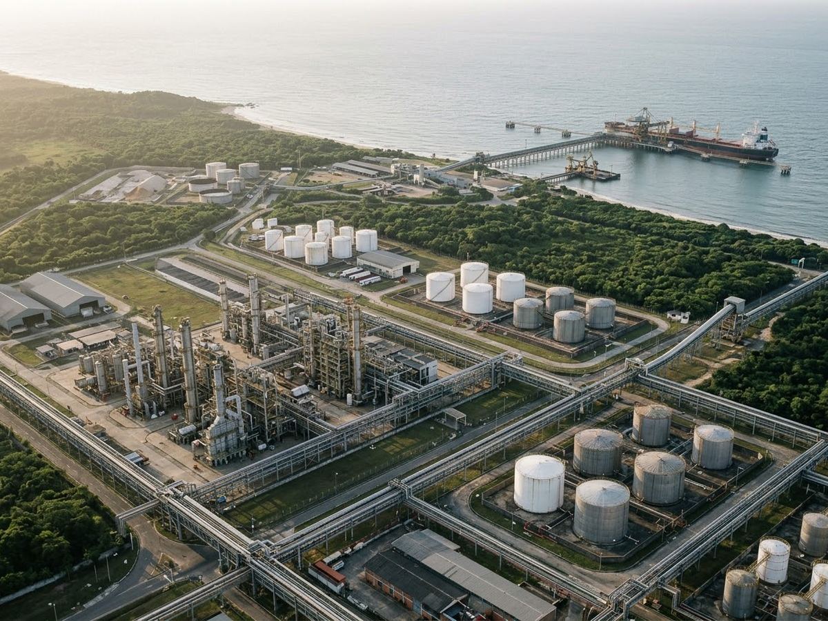 Vista aérea de complexo industrial e portuário no litoral do Espírito Santo