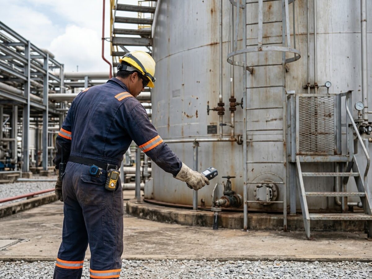 Operador com EPI usa detector portátil de gases ao lado de tanque