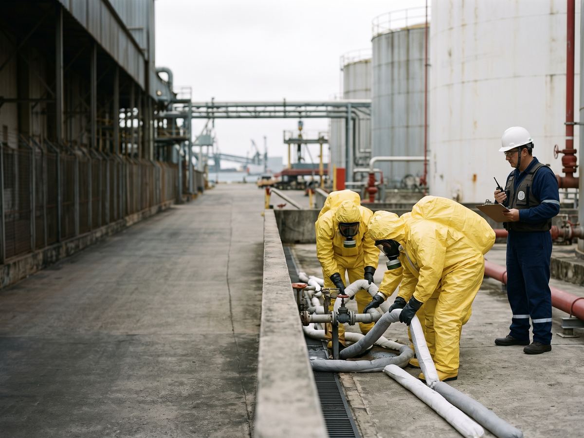 Equipe com roupa de proteção química contém vazamento simulado