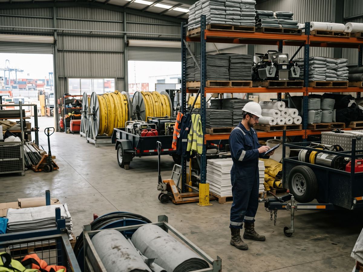 Base de equipamentos de resposta a derramamento de óleo com barreiras e recolhedores