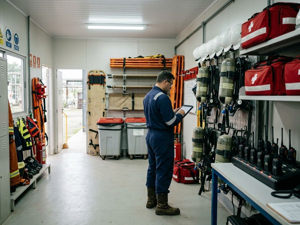 Sala de equipamentos de emergência organizada e pronta para uso